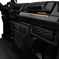 Black elastic storage net installed in the passenger-side dashboard compartment of a Can-Am Defender interior.