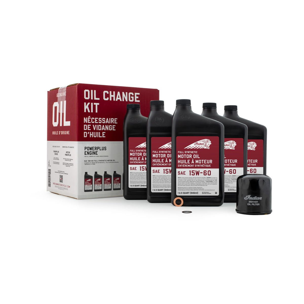 Indian Motorcycle Oil Change Kit 2884171 with 15W-60 full synthetic oil and OEM filter.