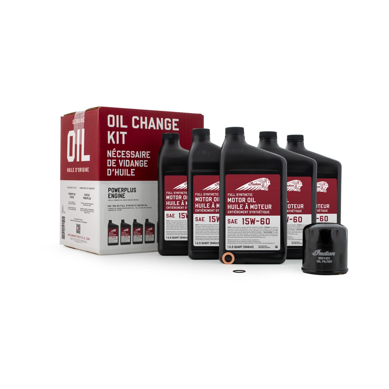 Indian Motorcycle Oil Change Kit 2884171 with 15W-60 full synthetic oil and OEM filter.