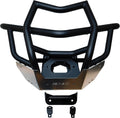 Black tubular Pre-Runner bumper with wide side protection, reinforced center bars, lower metal plates, and three mounting brackets.