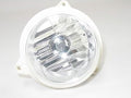 Round clear headlight assembly with a reflective inner housing, central bulb area, and three integrated mounting tabs.