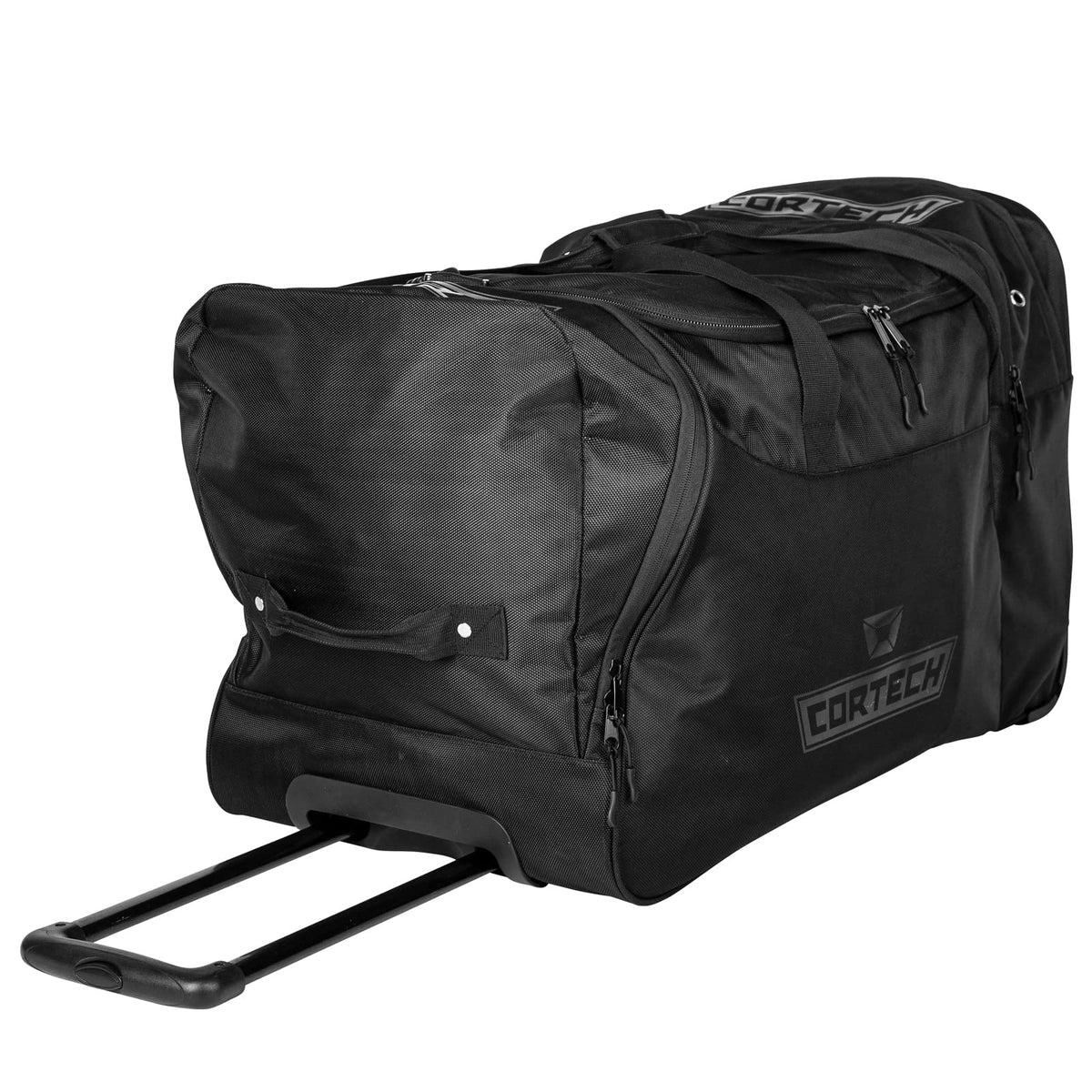 Black Cortech rolling moto gear bag with helmet compartment and boot storage designed for motorcycle riders.