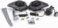 The image shows two black enclosed speakers, a wired audio control pad, wiring harnesses, connectors, cable ties, and installation hardware.