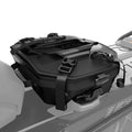 Quick-release snowmobile storage bag with durable nylon and polyester construction.