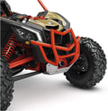 The image shows the red tubular Pre-Runner bumper installed around the front grille of a Can-Am Maverick X3, with a silver lower protective plate.