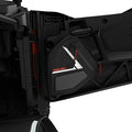 Black door-mounted storage bag with a large zippered compartment, padded front panels, red zipper pulls, and red-and-white Can-Am graphics.