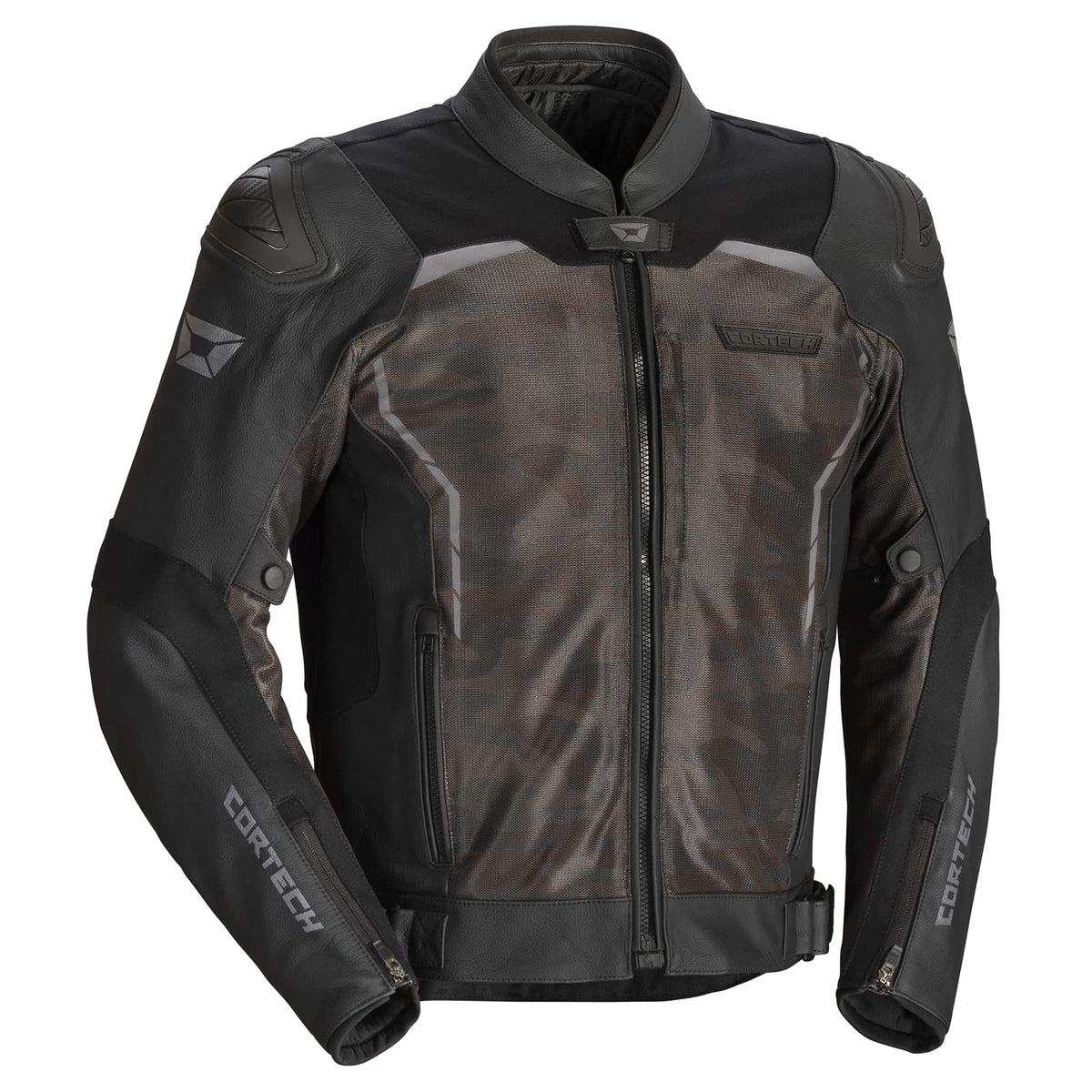 Cortech Vader Motorcycle Jacket – Black Camo Leather & Mesh Armored Riding Jacket