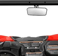 Wide angular center mirror with a slim black frame, mounted beneath the upper crossbar above the dashboard.
