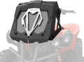 Black radiator relocator assembly mounted above the headlights of a Can-Am Renegade ATV, featuring a protective mesh grille and contrasting silver Can-Am center panel.