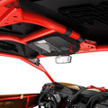 Black overhead storage bag mounted between the upper roll-cage bars, featuring zippered compartments, a clear front pocket, red zipper pulls, and securing straps.