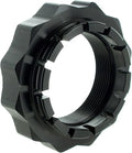 Large black M45 threaded nut with a wide scalloped outer edge, internal threads, and multiple locking-style tabs around the inner face.