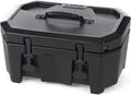 Black rectangular rigid cooler with a thick fitted lid, recessed top panel, rubberized carrying handle, two flexible front latches, and a reinforced molded base.