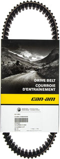 Black cogged drive belt shown with genuine Can-Am BRP packaging. Molded teeth on both surfaces provide flexibility and proper engagement within the factory CVT system.