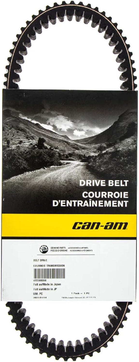 Black cogged drive belt shown with genuine Can-Am BRP packaging. Molded teeth on both surfaces provide flexibility and proper engagement within the factory CVT system.