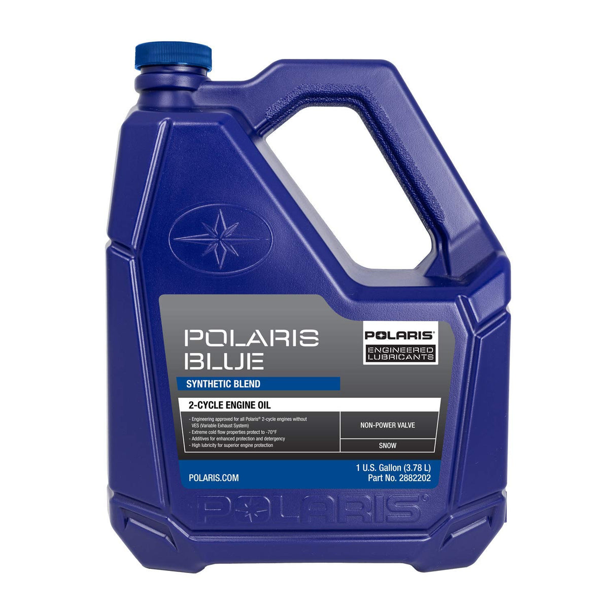 One-gallon bottle of Polaris Blue Synthetic Blend 2-Cycle Oil for Polaris 2-stroke snowmobiles.