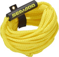 Coiled yellow Sea-Doo braided tow rope with a black padded branded handle and attached storage strap.