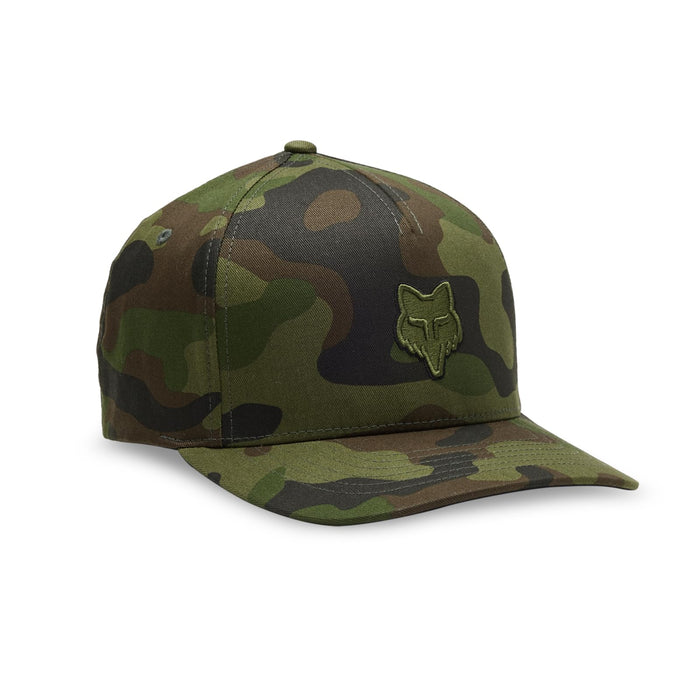 Fox Racing Men’s Fox Head Flexfit Hat in green camo with iconic Fox logo.