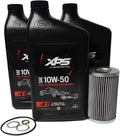 XPS oil change kit with three bottles of SAE 10W-50 full-synthetic 4-stroke engine oil, a cylindrical oil filter, and replacement O-rings.