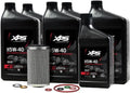 Can-Am Spyder oil change kit with six bottles of XPS SAE 5W-40 full-synthetic oil, a cartridge filter, and assorted replacement sealing rings.
