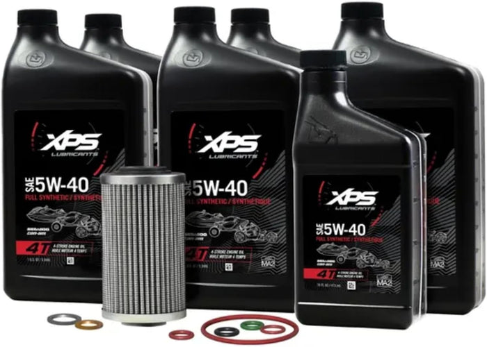 Can-Am Spyder oil change kit with six bottles of XPS SAE 5W-40 full-synthetic oil, a cartridge filter, and assorted replacement sealing rings.
