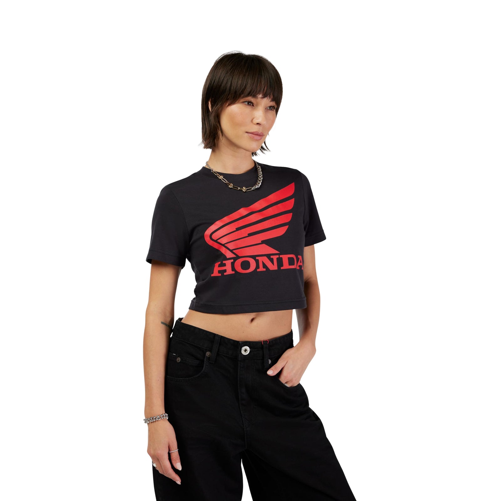 Fox Racing Women’s Fox x Honda Baby Tee with iconic Honda graphic for motocross fans.