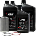 BRP XPS oil change kit with four bottles of SAE 5W-40 full-synthetic oil, a cartridge oil filter, and two replacement sealing rings.