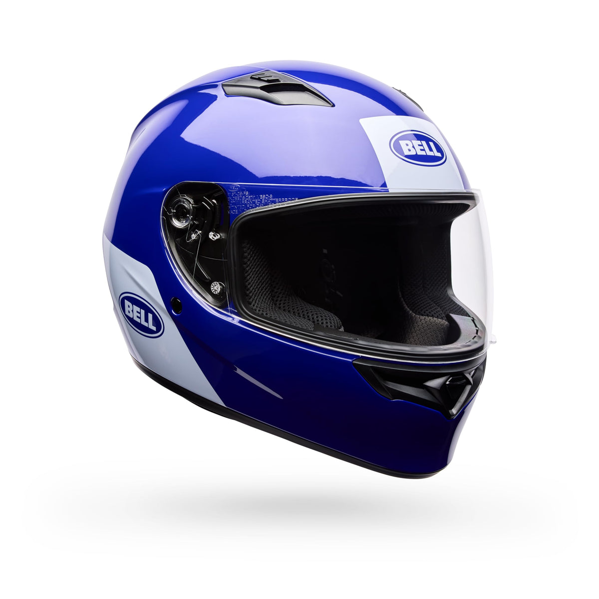 Blue Clip Bell Qualifier motorcycle helmet side profile view.