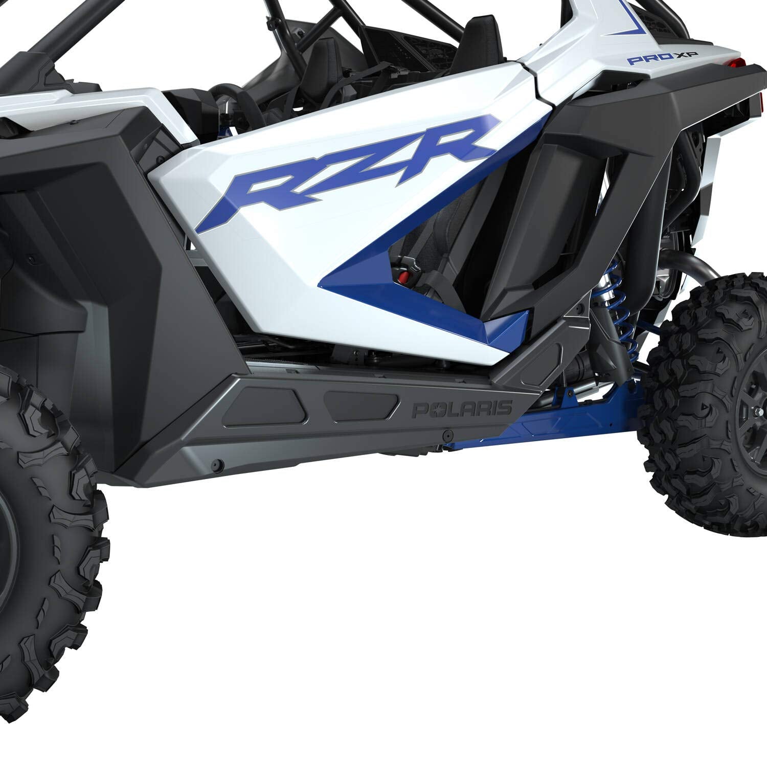 Polaris OEM matte black low profile rock sliders installed on RZR Pro XP