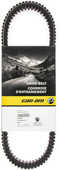 Black cogged drive belt shown with genuine Can-Am BRP packaging. Deep molded teeth on both surfaces provide flexibility and proper engagement within the CVT system.