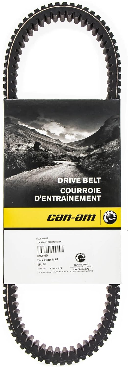 Black cogged drive belt shown with genuine Can-Am BRP packaging. Deep molded teeth on both surfaces provide flexibility and proper engagement within the CVT system.