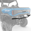Black tubular steel rear bumper installed beneath the cargo bed of a blue Can-Am Commander.