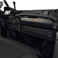 Black honeycomb-style cargo nets installed across the driver and passenger dashboard storage openings of a Can-Am Defender.