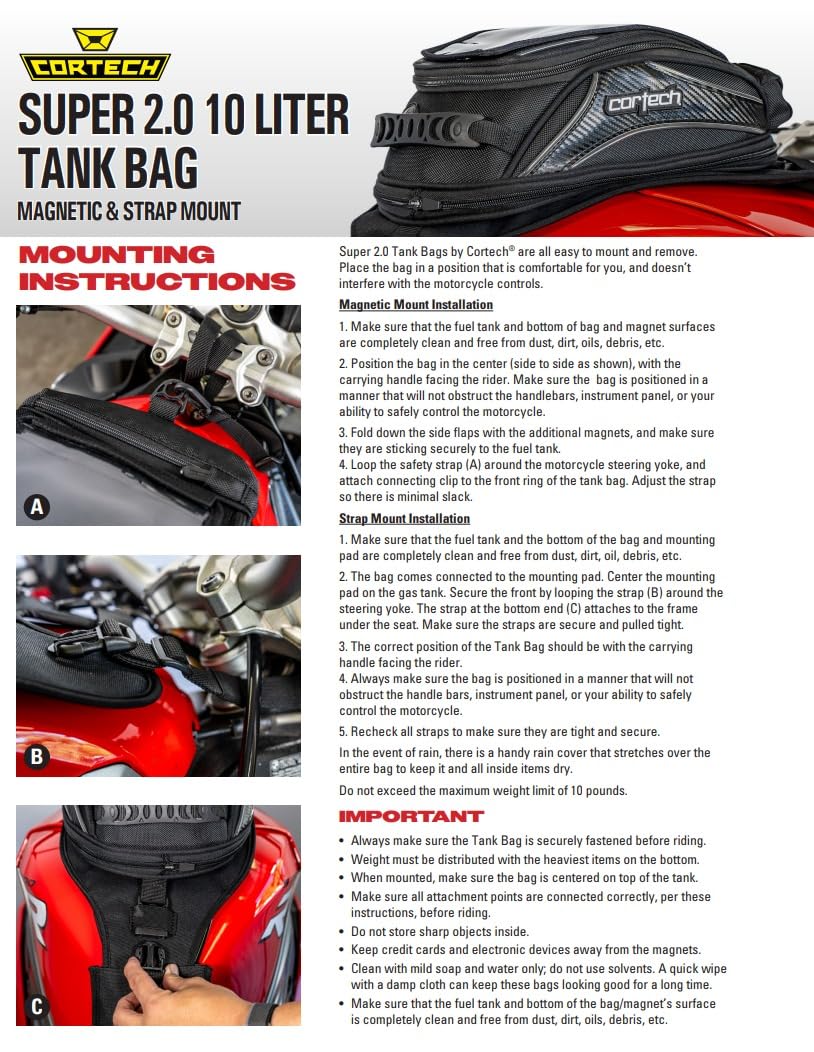 Durable Cortech Super 2.0 tank bag for motorcycles