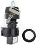 Black ignition switch assembly shown with two metal keys on a key ring and a separate threaded retaining nut.