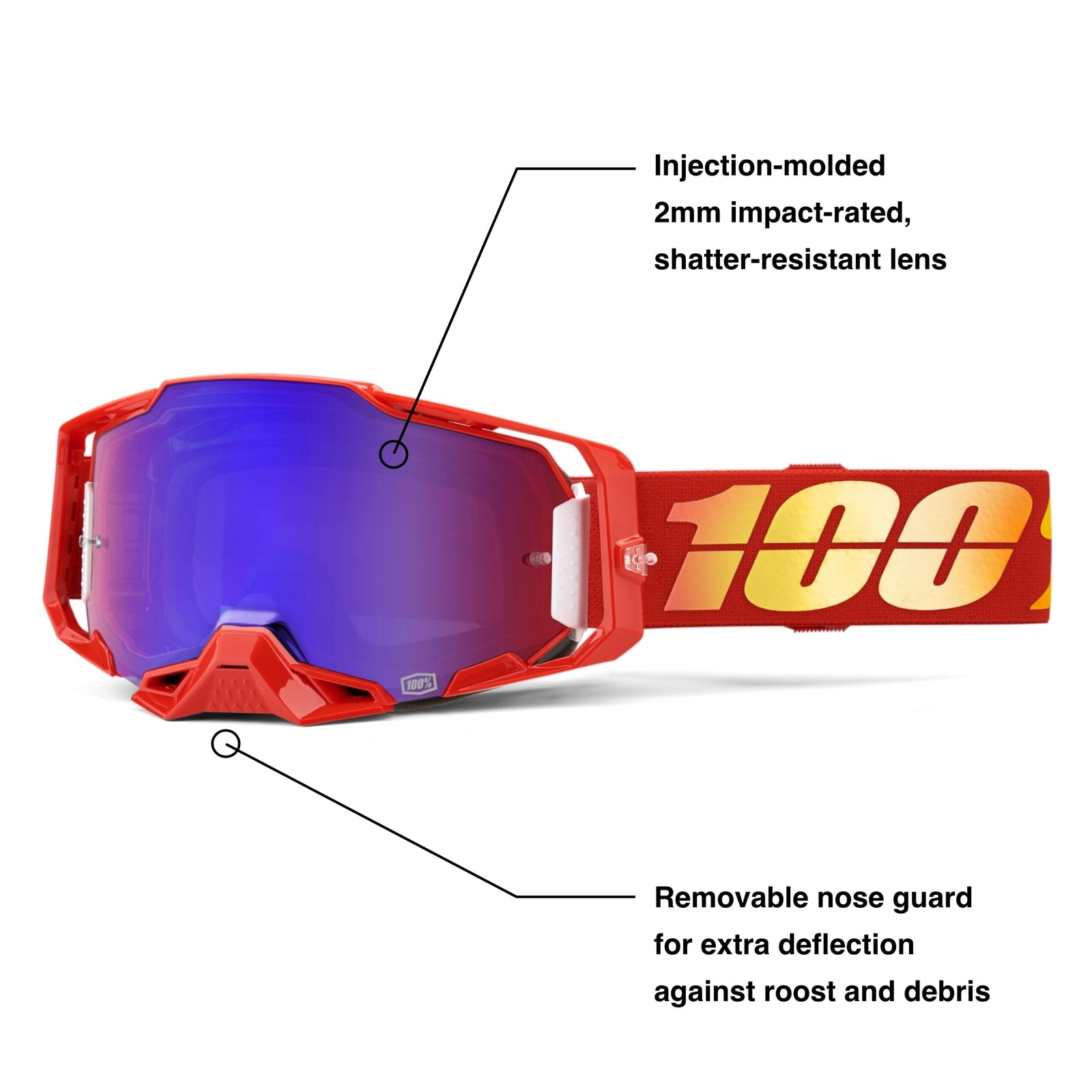 100% ARMEGA Goggles in the Nuketown colorway with a mirror red/blue lens.