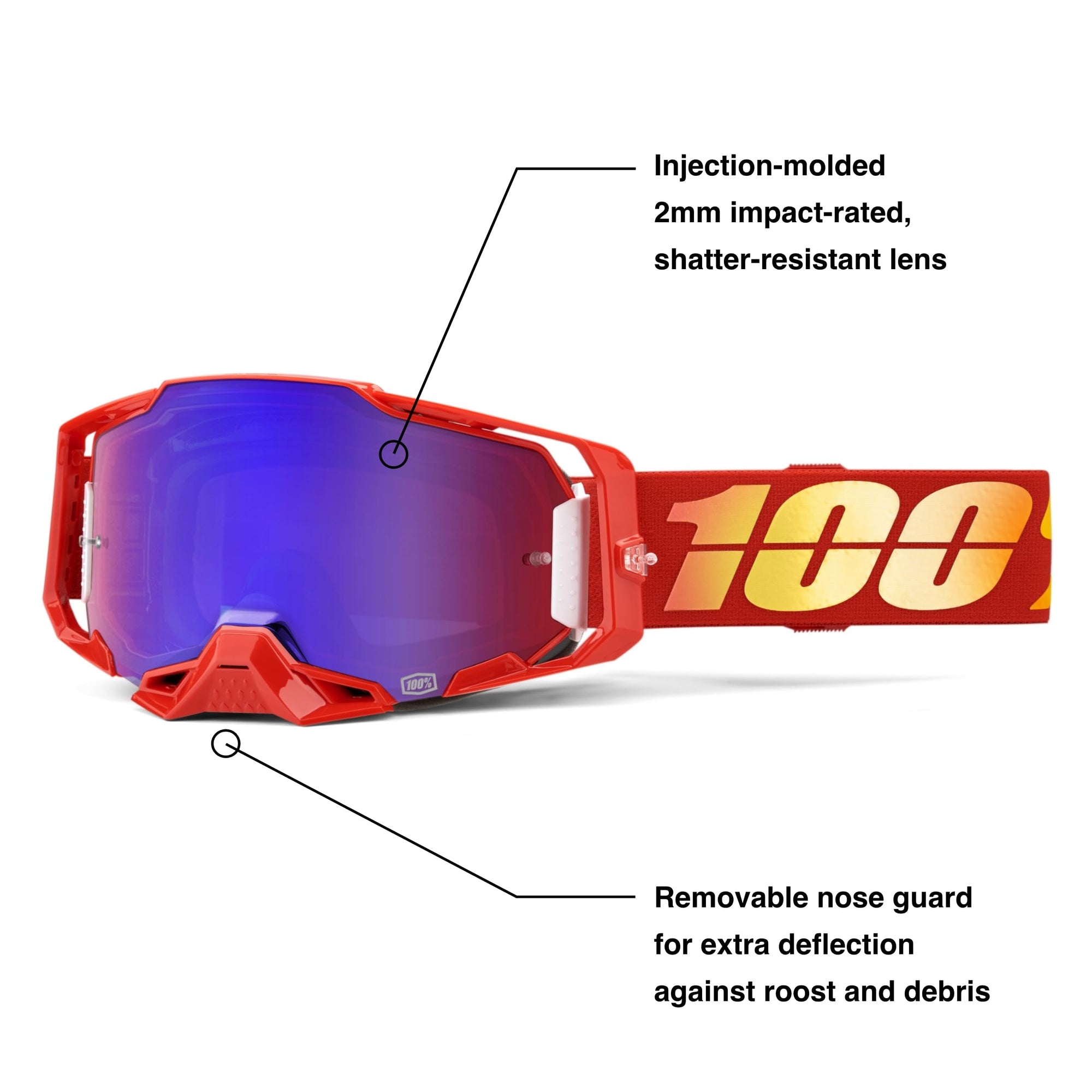 100% ARMEGA Goggles in the Nuketown colorway with a mirror red/blue lens.
