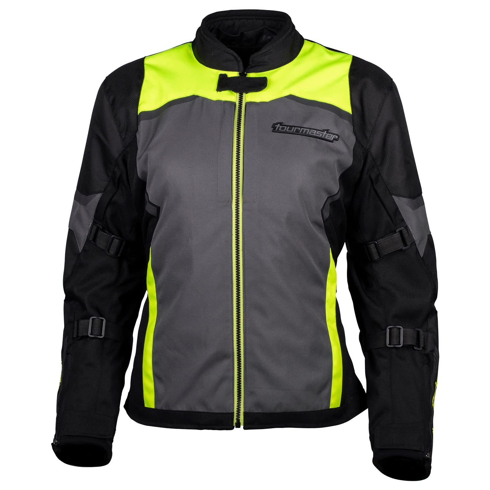 Women’s hi-viz Tourmaster Intake motorcycle riding jacket with CE armor and textile construction for sport bike and touring riders.