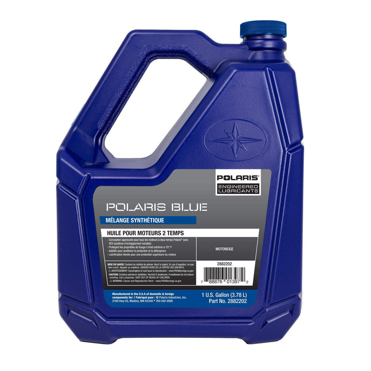 Polaris Blue synthetic blend snowmobile oil designed for clean-burning winter engine protection.
