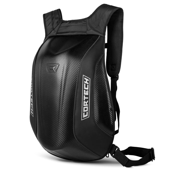 Cortech Air Raid motorcycle riding backpack with aerodynamic carbon fiber style shell designed for sport bike riders.