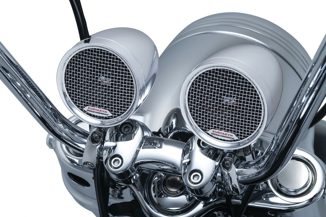 Kuryakyn Road Thunder chrome motorcycle handlebar speakers by MTX