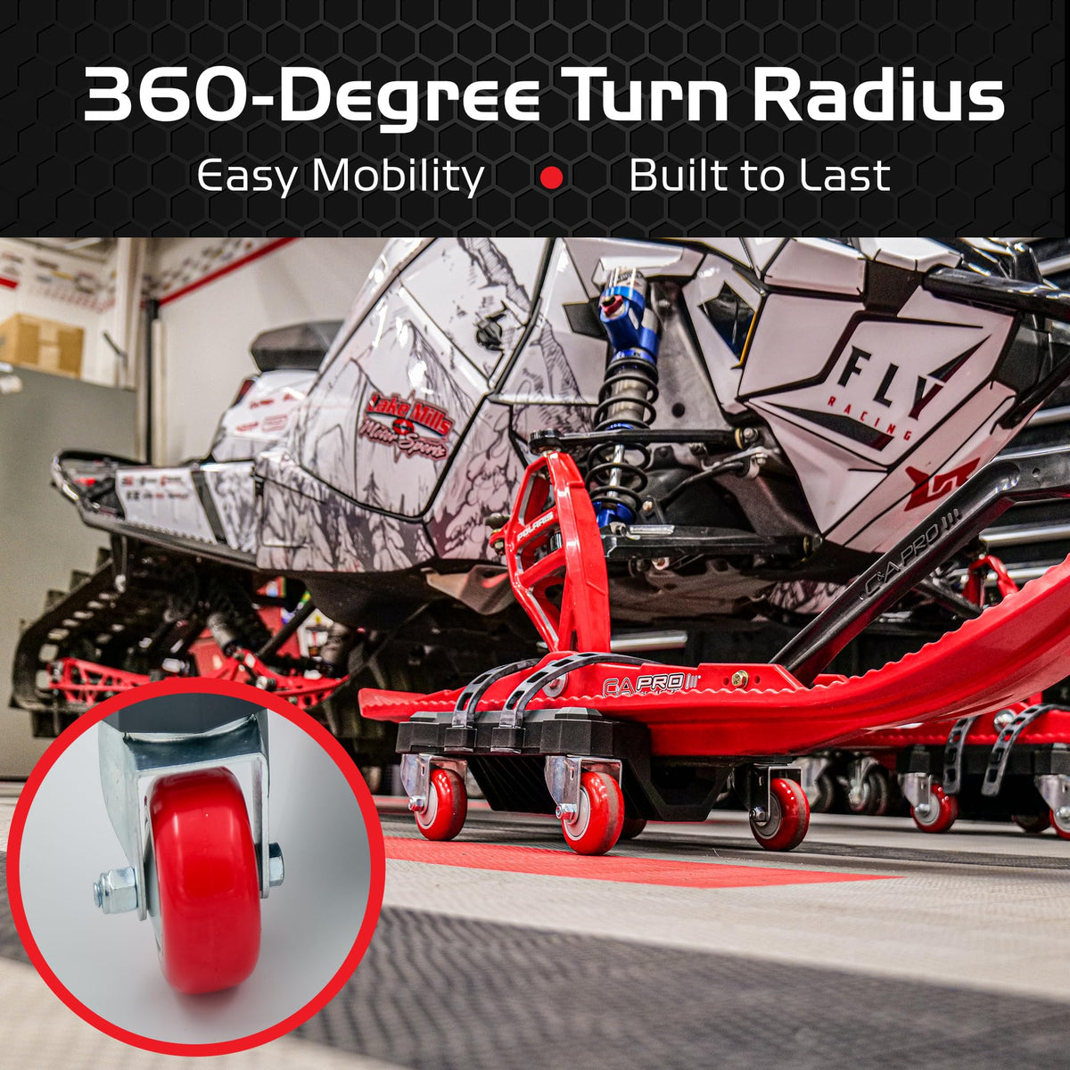 Black Caliber snowmobile dolly system for sled movement in garage