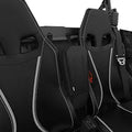 Slim black storage bag mounted vertically beside the seatback, featuring a structured front panel, zippered opening, red zipper pulls, and securing straps.