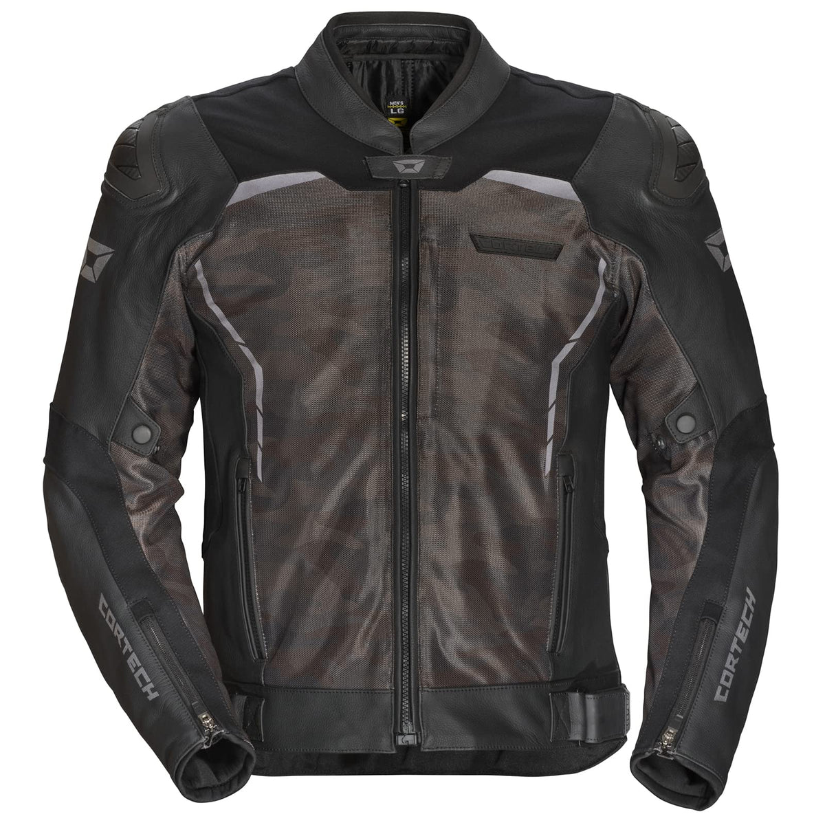 Cortech Vader motorcycle jacket in black camo featuring leather and mesh construction with CE armored protection for sport bike riders.