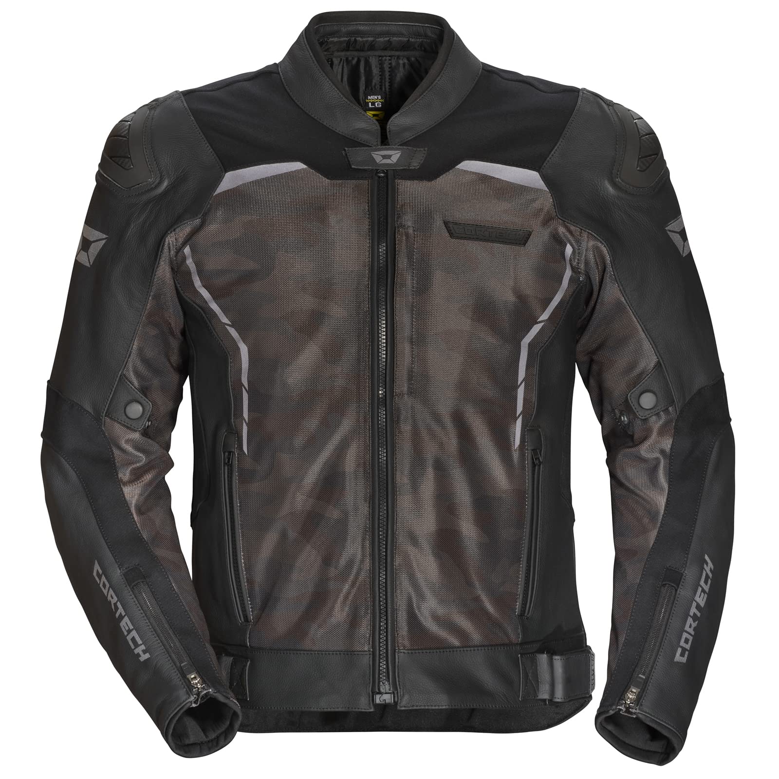 Cortech Vader motorcycle jacket in black camo featuring leather and mesh construction with CE armored protection for sport bike riders.
