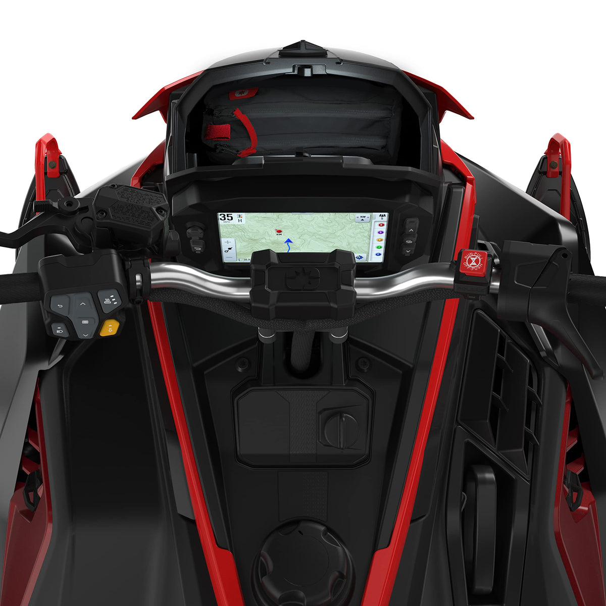 Compact storage bag behind display for Polaris Matryx snowmobiles
