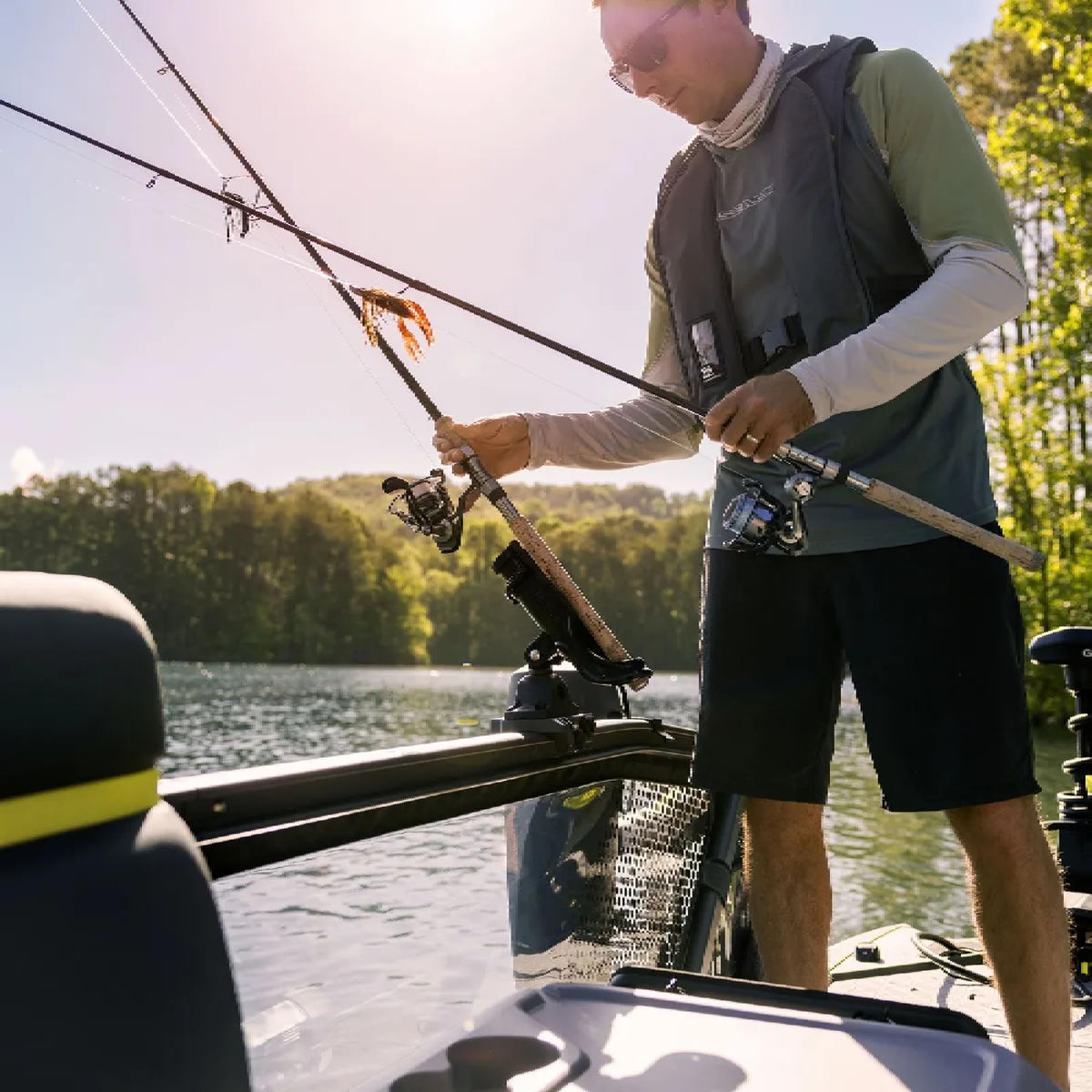 Side view of the Sea-Doo Rail Rod Holder with LinQ Lite mounted on a Switch Pontoon rail.