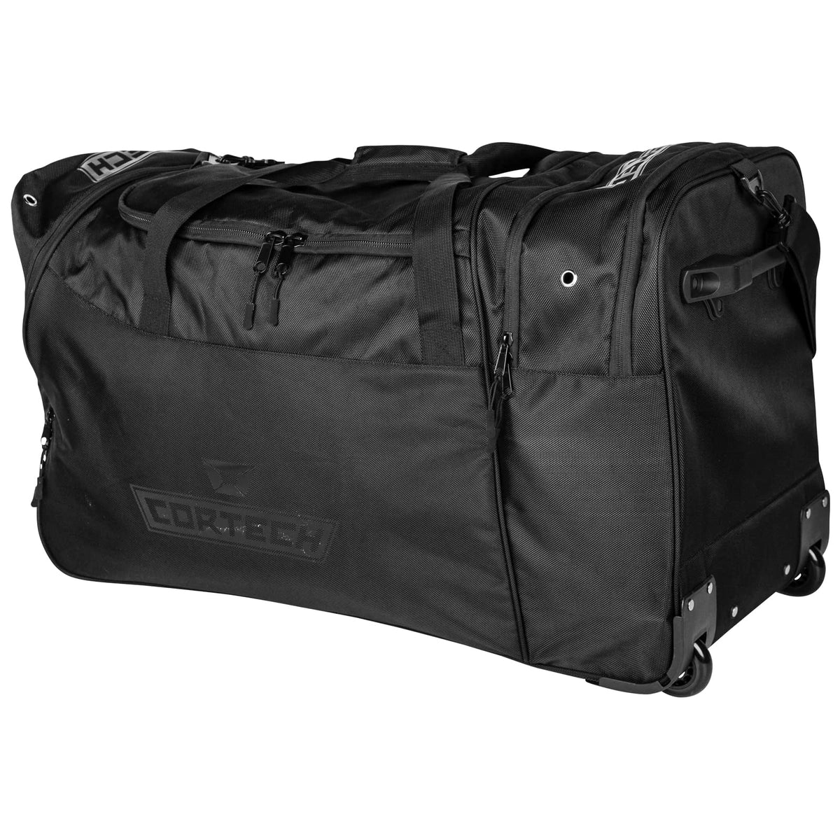Cortech Tracker Roller motorcycle gear bag with heavy-duty ballistic polyester construction and rolling wheels for track day riders.