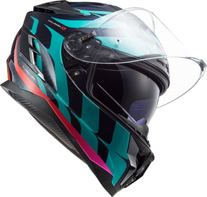 Challenger C Flames Full Face Motorcycle Helmet with SunShield - Blue Carbon/Red