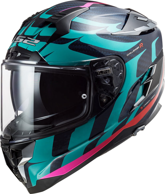 Challenger C Flames Full Face Motorcycle Helmet with SunShield - Blue Carbon/Red Product View