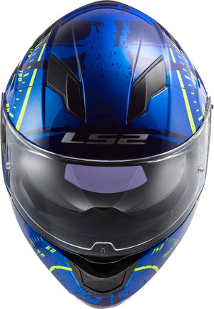 Stream Tacho Full Face Helmet with SunShield – Blue Hi-Vis Yellow, Gloss Finish